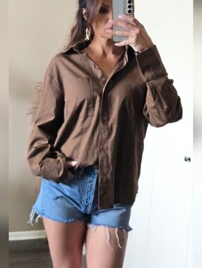 H&M Brown Cotton Linen Button-Up Shirt Size Small Lightweight Neutral Relaxed